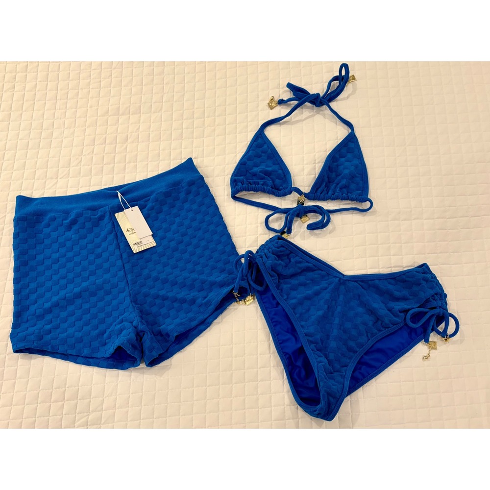 Bydee Blue Textured Cobalto Blue 3 Piece Bikini Set with Shorts NWT